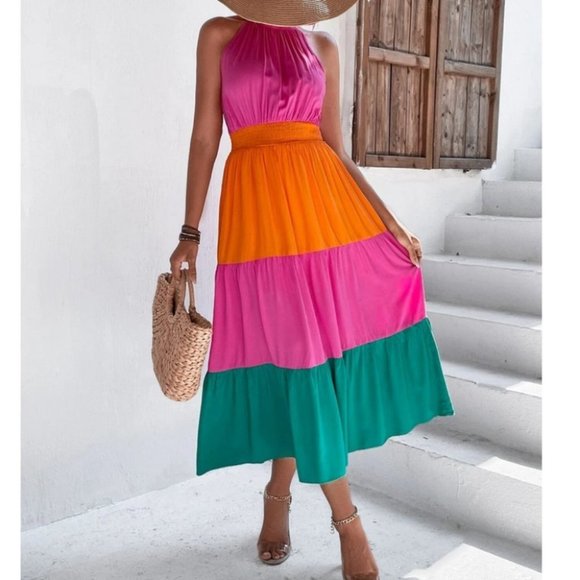 Boho Multi Color Shirred Halter Ruffle Hem Maxi Dress - Picture 3 of 6